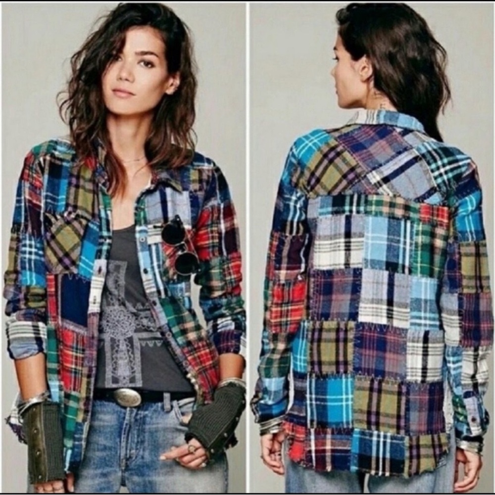 Free People We The Free Patchwork Lost In Plaid Flannel Shirt Buttondown RARE